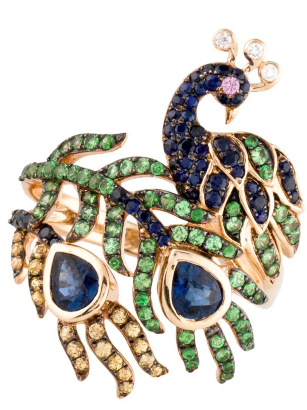Effy 14K Gold Sapphire, Tsavorite & Diamond Peacock Cocktail Ring – Size 7 - 7.5